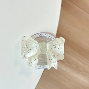 Detailansicht eines silbernen Glitzer-Bogen-Handyhalters mit 'Gift For You'-Basis