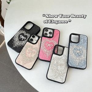 Elegant iPhone case with rhinestone bow and pearl heart in five stylish colors