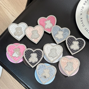 Rhinestone heart phone grip with teddy bear motif and leather texture in five colors