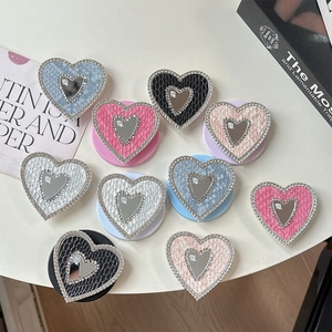 Heart-shaped snake leather phone socket with rhinestones and compact mirror