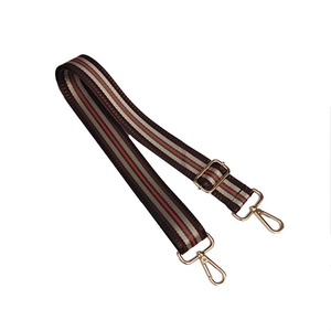 Close-up of adjustable nylon woven strap with red and green stripes and gold metal hooks