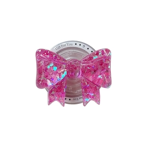 Pink heart sequin resin bow griptok phone stand with Gift For You print on white base