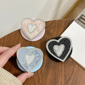 Rhinestone heart phone socket with leather texture and mirror for women pink blue black