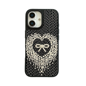 Luxury rhinestone bow and heart phone case for iPhone 16 series with black lace texture