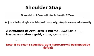 Detailed size chart for adjustable 3.8cm wide cotton handbag strap with multi-color hardware