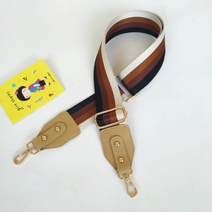 Makroaufnahme des breiten bunten Taschenriemens mit Goldhaken und Lederverbindern