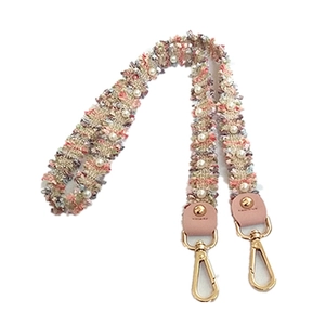 Pink tweed woven shoulder strap with white pearls and gold hooks for women bags