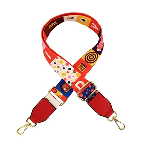 Detail of wide adjustable woven shoulder strap with colorful patterns and gold buckles