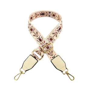 Adjustable ethnic embroidered shoulder strap with floral patterns and gold metal buckles