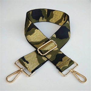 Detail of 5cm wide camouflage bag strap with gold metal lobster clasps and adjuster