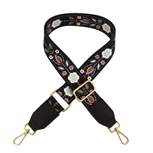 Adjustable bohemian floral embroidery shoulder strap with gold hardware for crossbody bags