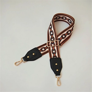 Ethnic wide adjustable bag strap with brown and black geometric chain pattern