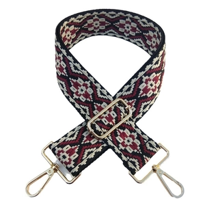 Ethnic embroidered wide bag strap with geometric patterns and adjustable gold metal buckle
