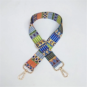 Adjustable geometric woven wide shoulder strap with golden metal lobster clasps
