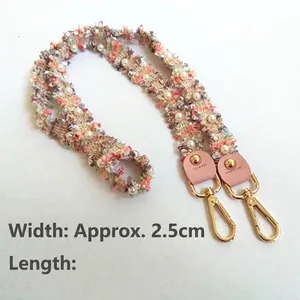 Colorful woven bag strap with faux pearl accents and pink leather ends, 2.5cm width