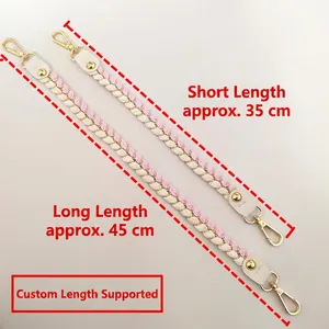 Pink and white braided handbag straps in 35cm and 45cm lengths with gold lobster clasps