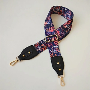 Adjustable wide replacement bag strap with blue bohemian paisley and floral patterns