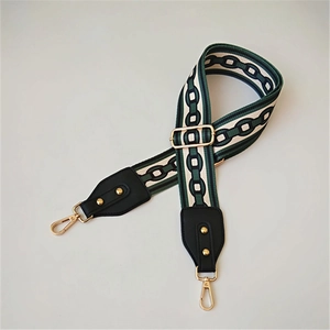 Ethnic style wide adjustable shoulder strap with green chain pattern and gold metal hardware