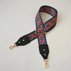 Ethnic style adjustable jacquard bag strap with colorful floral patterns and gold hooks