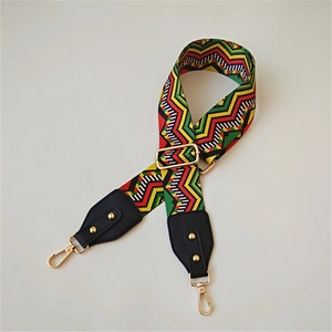 Ethnic style adjustable wide bag strap with red, yellow and green geometric patterns