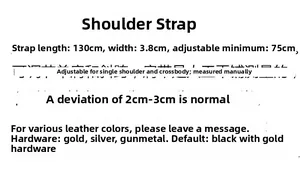 Adjustable 130cm bag strap dimensions with 3.8cm width and metal hardware options