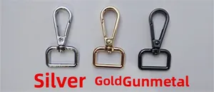 Detail of swivel lobster clasps in silver, gold, and gunmetal finishes for bag straps