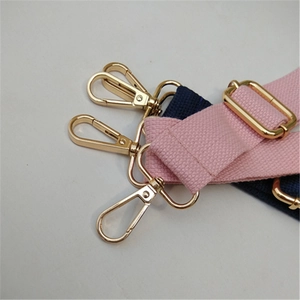 Adjustable cotton canvas shoulder strap with gold metal buckles in pink and navy blue