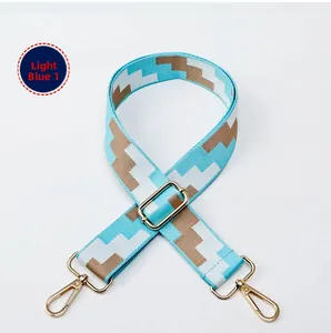 Close-up of adjustable woven shoulder strap with geometric blue and brown patterns