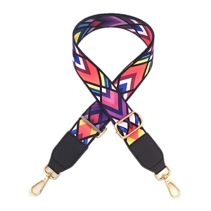 Adjustable colorful woven shoulder strap with geometric patterns and gold metal hooks