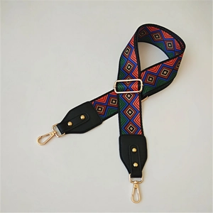 Adjustable retro geometric rhombus pattern wide bag strap with gold metal lobster clasps