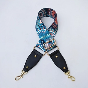 Adjustable bohemian style wide shoulder strap with ethnic print and gold metal hooks