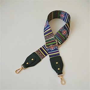 Ethnic style wide adjustable bag strap with geometric weave and gold metal hooks