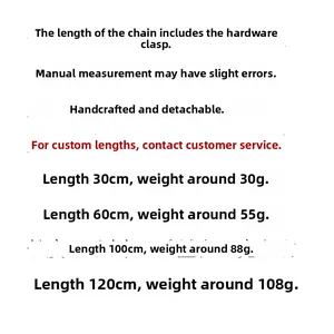 Size chart showing acrylic bag chain lengths from 30cm to 120cm with weight specifications