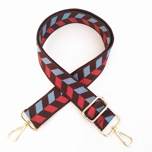 Adjustable geometric woven bag strap with retro diamond pattern and gold hardware