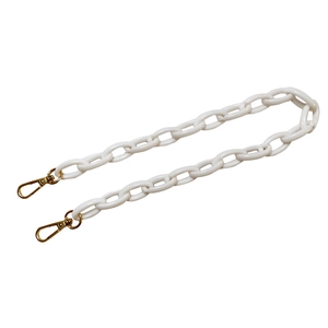 Close-up of white acrylic chain strap with gold lobster clasps for handbags