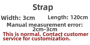 Detail specifications for adjustable strap showing 3cm width and 120cm length dimensions