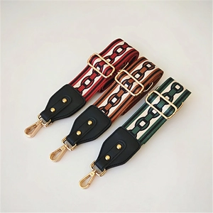 Ethnic style adjustable wide fabric bag straps with retro chain pattern and gold hooks