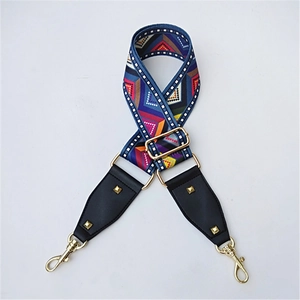 Detail of adjustable woven wide shoulder strap with ethnic geometric patterns and gold clips