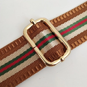 Macro view of woven nylon shoulder strap with green-red-white stripes and gold metal buckle
