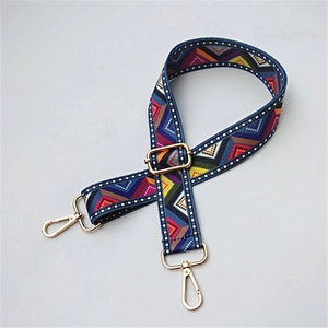 Close-up of geometric ethnic pattern bag strap with gold metal lobster clasps