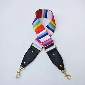 Adjustable ethnic style wide shoulder strap with colorful stripes and gold hardware