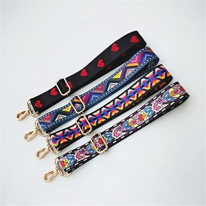 Adjustable wide replacement straps for handbags with colorful ethnic patterns and gold hooks