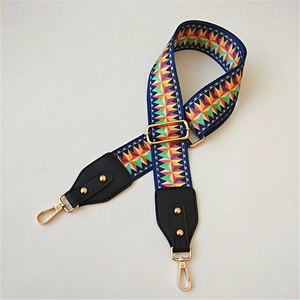 Adjustable bohemian wide strap with colorful geometric pattern and golden hardware