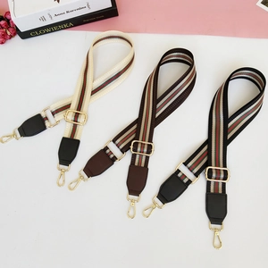 Adjustable nylon shoulder strap with classic stripe pattern and golden metal clips