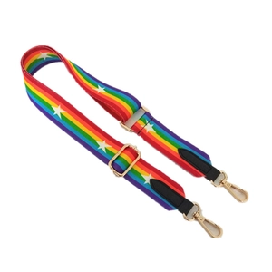 Adjustable rainbow striped shoulder strap with white stars and golden metal lobster clasps