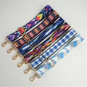 Adjustable colorful ethnic fabric bag straps with gold metal lobster clasps and buckles