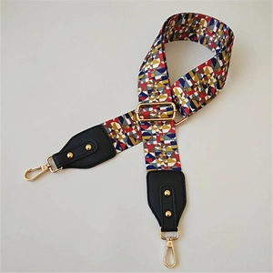 Adjustable geometric woven bag strap with colorful patterns and golden metal clips