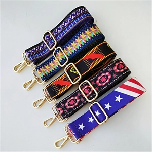 Detail of adjustable bag straps with ethnic patterns and gold metal swivel hooks