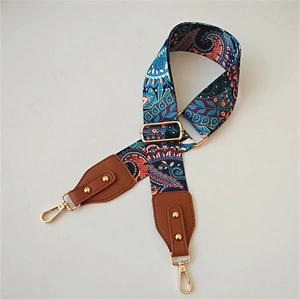 Ethnic paisley wide adjustable strap for crossbody bags with gold metal hooks
