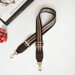 Close-up of adjustable striped canvas strap with leather trim and gold metal buckles